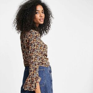 NWT ASOS Y.A.S. Olima floral print flared sleeve top in brown peplum sleeve M